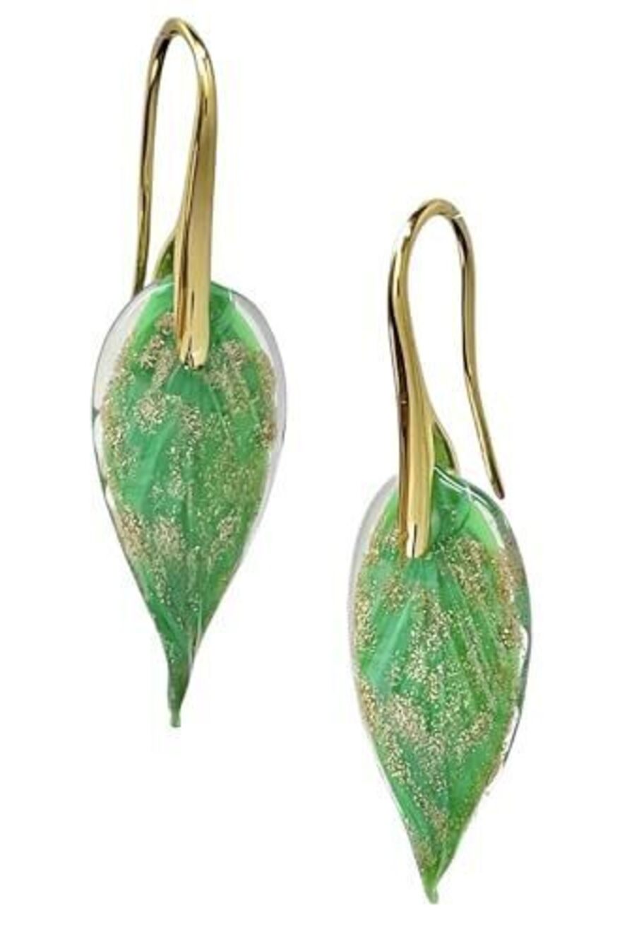 4856 Handcrafted Glass Leaf Dangle Earrings, Italy Murano Inspired Glass